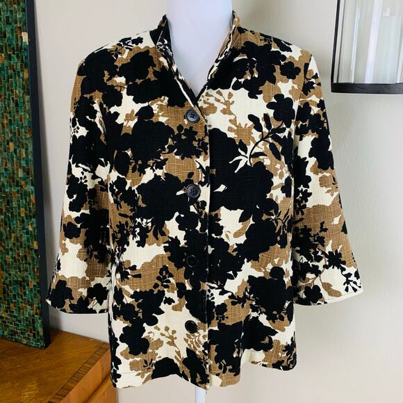 Coldwater Creek Sz 12 Cotton Linen-look Blazer Floral Jacket Brown Black Cream - Picture 1 of 7